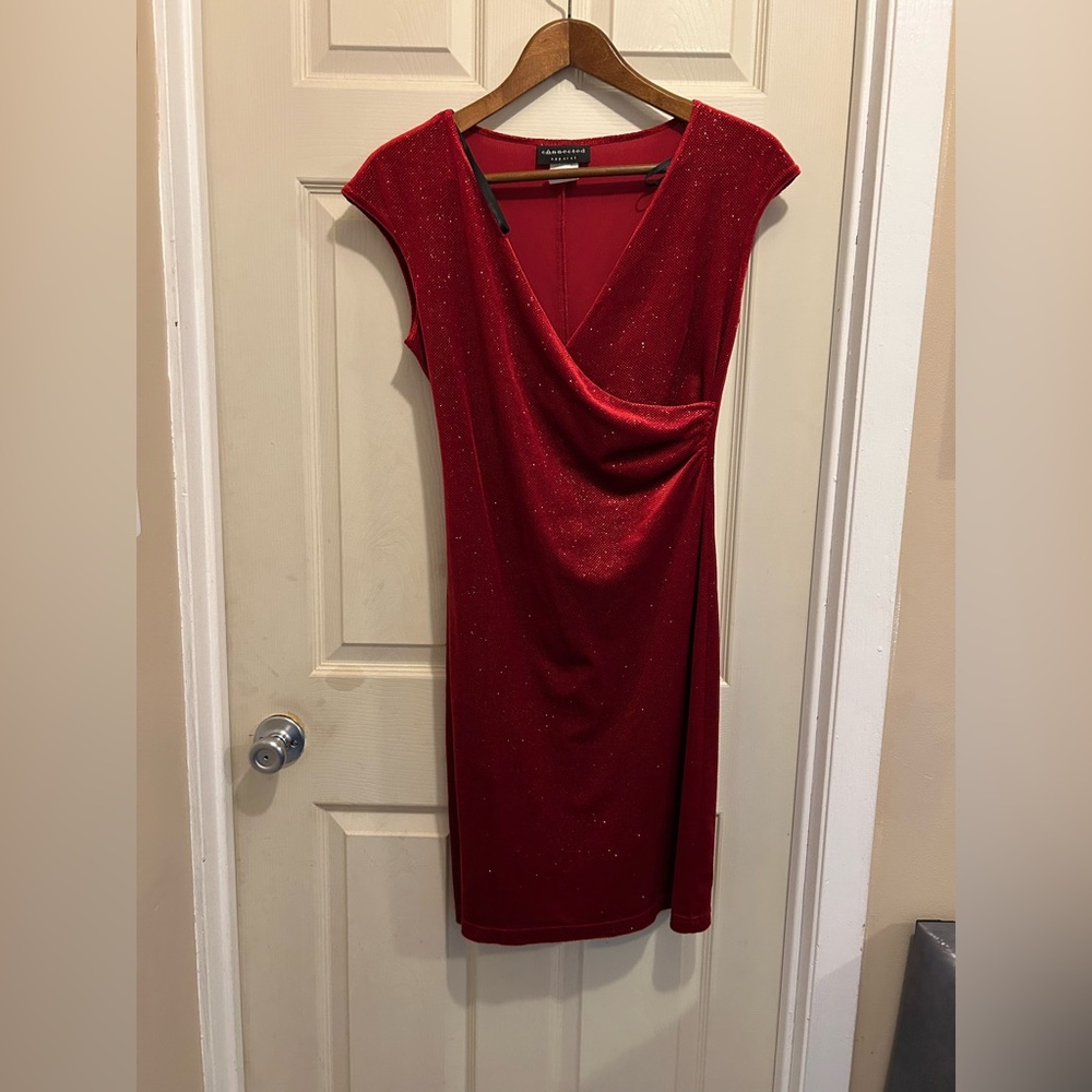 Connected Apparel red short sleeve Draped Dress with deep v neck - size 10